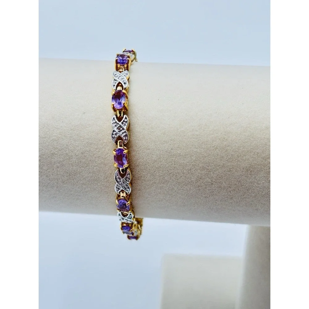 925 Italy Amethyst Tennis Bracelet Gold Over Sterling Silver 7